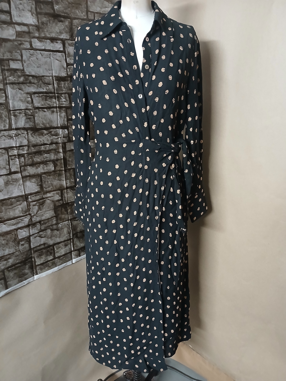 MNG Long Sleeve Polka Dot Wrap Dress in Black and Tan .